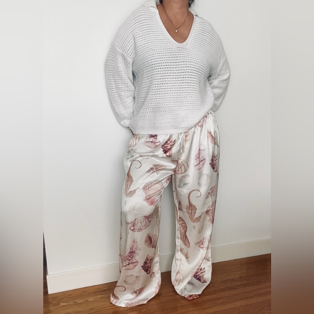 RACHEL Rachel Roy Satin Seashells Print Wide Leg Lounge Pants Trousers Size XL